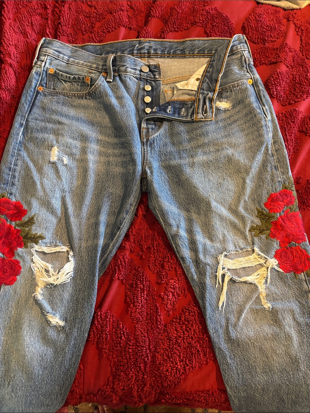 Levi's 501T Light Blue Boyfriend Jeans with Red Rose Embroidery